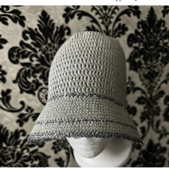 Handmade Crochet Gray Bucket Hat with Sparkling Sequin Trim - Picture 8 of 9